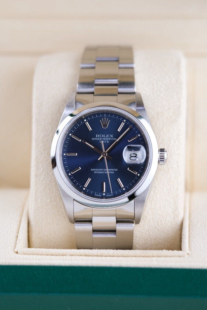 Rolex Oyster Perpetual Date 15200 (Category: Luxury Watches) located in Quezon City. Submitted by awristotell (Listing ID 1430917937, Image 3). Description: “New WRISTwatch to TELL” Rolex Oyster Perpetual Date Sought After Blue Dial Mint Condition Price: 338,000 PHP Ref: 15200 Year: 1998 Movement: Automatic Crystal: Sapphire Case: 34mm Material: Steel Lug width: 19mm Bracelet: Rolex Oyster Bracelet Includes: Presentation Box and Rolex Certificate