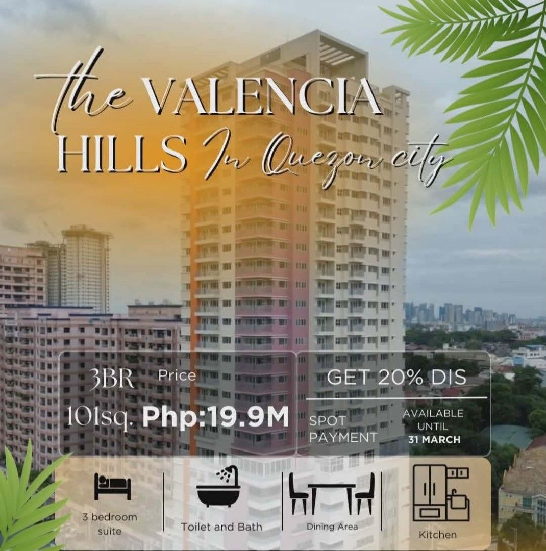 VALENCIA HILLS (Category: Apartments & Condos) located in Manila. Submitted by gracenatue54577 (Listing ID 1430929091, Image 1). Description: 🔥 VALENCIA HILLS CONDOMINIUM - READY FOR OCCUPANCY!!! 📍 Located at N. Domingo corner Valencia St., Quezon City (Near Gilmore, E. Rodriguez, New Manila, Greenhills, San Juan) 💥 UP TO 20% DISCOUNT WITH SPOT PAYMENT! 💥 3 BEDROOM – 101 SQM Was ₱19,942,000, NOW ONLY ₱15,953,600! SAVE ALMOST ₱4,000,000! 🎉 EA