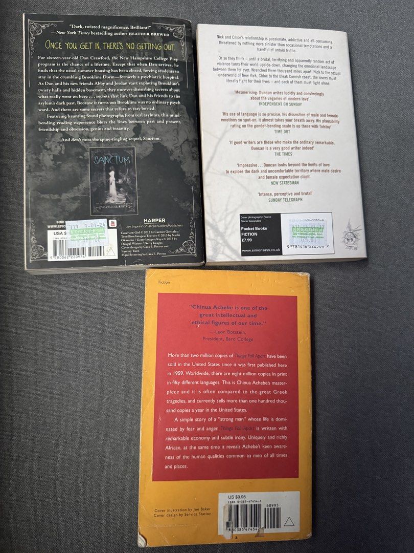 3 Books Pack - Asylum, Love Remains, Things fall Apart (Category: Storybooks) located in Taguig. Submitted by ellaaa97 (Listing ID 1431007720, Image 2). Description: Asylum by madeleine roux Love remains by glen duncan Things fall apart by chinua achebe.
