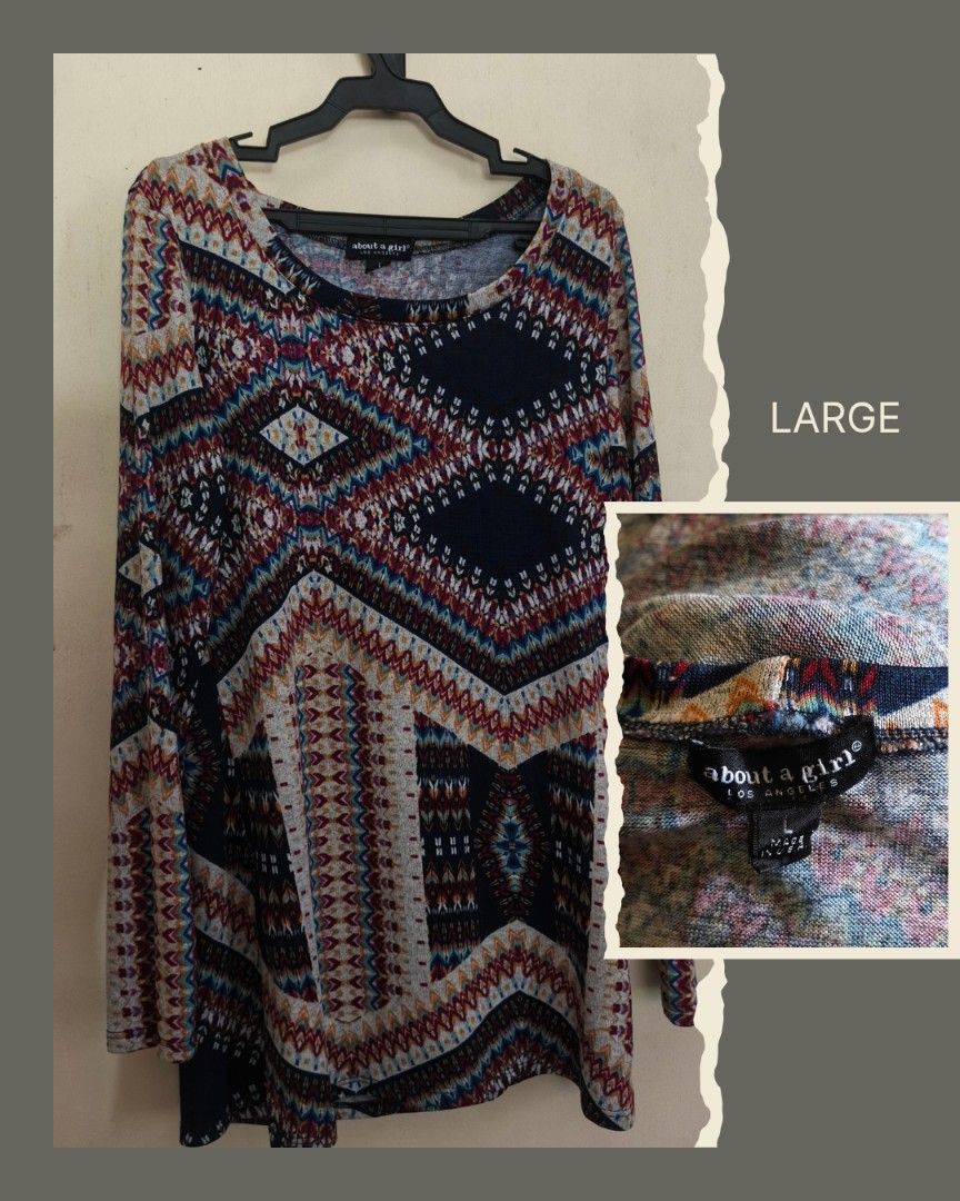 About a Girl Long Sleeve Top - Large (Category: Longsleeves) located in Loay. Submitted by arakesh21 (Listing ID 1431180301, Image 1). Description: About a Girl long sleeve top with a unique geometric pattern. Features a round neckline and a comfortable fit. The top is in a large size. The design incorporates shades of blue, red, and beige..