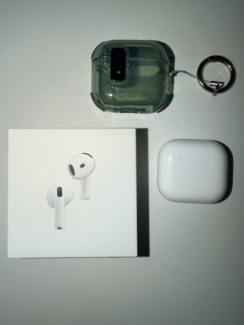 Apple Airpods 4 with ANC and free case (Category: Earphones) located in Bauan. Submitted by dmarevalo (Listing ID 1431143308, Image 2). Description: Bought from Powermac in Greenbelt last March 15, 2026 (still under warranty). Audio Technology Custom high-excursion Apple driver Custom high dynamic range amplifier Active Noise Cancellation Adaptive Audio Transparency mode Conversation Awareness Voice Isolation Personalized Spatial Audio with dynam