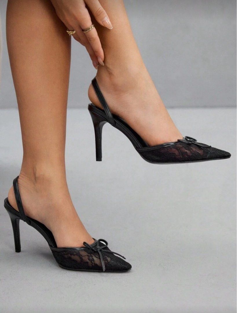 Black Lace Pointed Toe Heels (Category: Heels) located in Pasay City. Submitted by httpsruru (Listing ID 1431053252, Image 3). Description: Got this for 939 on Shein! Never been worn! (I don't have the box anymore tho) 😣 BUT VERY PRETTY !! I'm a size US 6.5-7, but for this pair it's EUR 37, fits me perfectly tho! (a little big pa nga for the slingback) rfs: I realized that I have about 4 pairs of black kitten heels huhu.