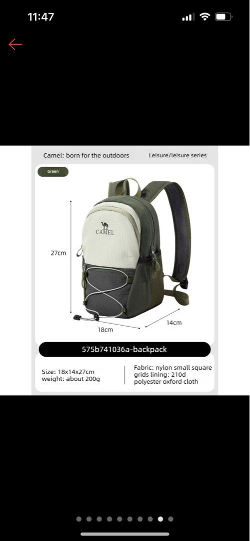 Camel 10L Lightweight Green Hiking Daypack (Category: Backpacks) located in Makati City. Submitted by wind.earth.fire (Listing ID 1431012193, Image 3). Description: CAMEL Hiking Bag. Brand new :) RFS: Ended up needing a bigger one. This is perfect for those who only bring jug, camera, phone, towel, and snacks during a trek/hike. No lowballing please. Bought this for 600+ and this is still brand new..
