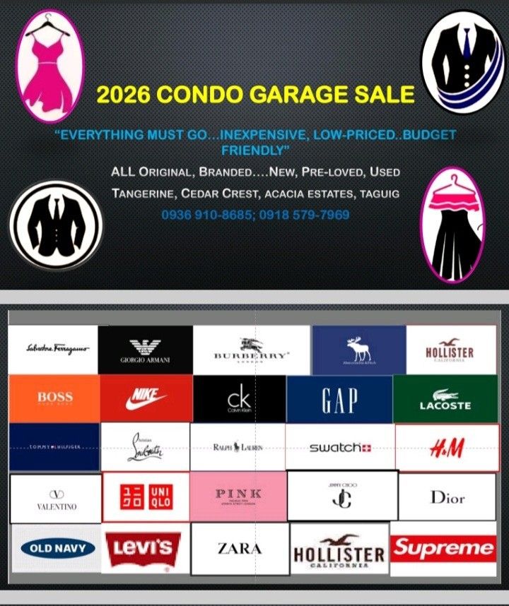 Condo Garage Sale (Category: Looking For) located in Taguig. Submitted by frenchquarter_010107 (Listing ID 1431070549, Image 1). Description: - Condo Garage Sale: Everything must go! - Wide variety of items: Dresses, jeans, shoes, accessories, and home furnishings. - Brands available: True Religion, Levi's, Ralph Lauren, and more! - Condition: New, pre-loved, and used items. - Meetup Locations: Acacia Estates, Taguig. - Budget-friendly prices! - 