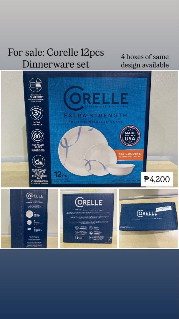 Brand New Corelle 12 pcs dinnerware set (Category: Dinnerware & Cutlery) located in Quezon City. Submitted by prettymiss72736 (Listing ID 1431134543, Image 1). Description: Last price 3,500 from 4,200 4 boxes of same design available MOP: Gcash only. No COD Delivery: Lalamove / J&T express / LBC Shipping fee is shouldered by the buyer .