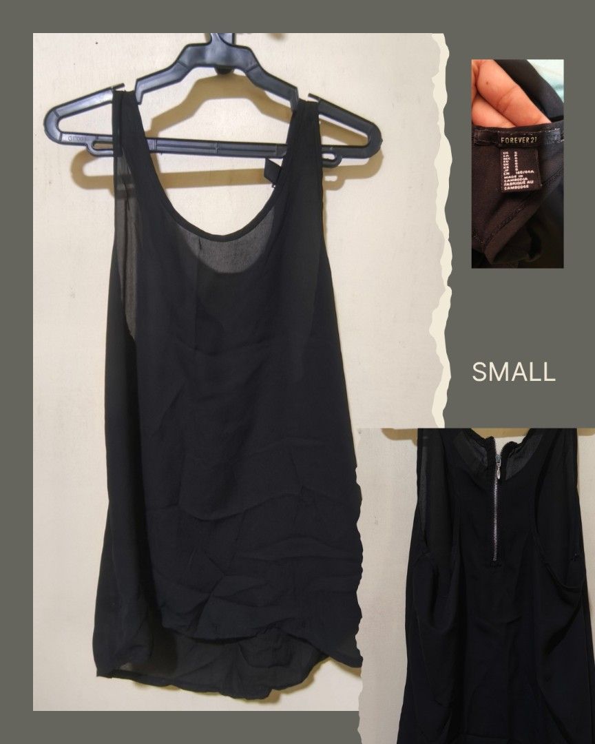 Forever 21 Black Tank Top (Category: Sleeveless) located in Loay. Submitted by arakesh21 (Listing ID 1431181435, Image 1). Description: Black tank top from Forever 21. Features a scoop neck and a zipper detail at the back. The tank top is a small size. It has a flowy, layered design. Perfect for layering or wearing on its own..