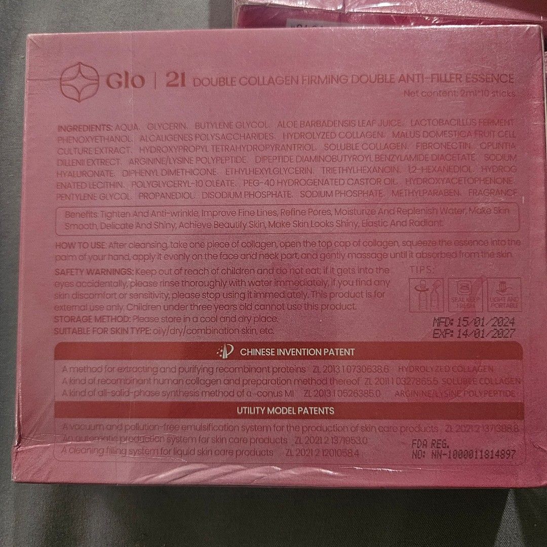 Glo 21 Double Collagen Firming Essence (Category: Face Care) located in Manila. Submitted by smartluxeph (Listing ID 1431087278, Image 3). Description: ✨ Glo21 Double Collagen Firming Anti-Filler Essence ✨ 💄 Brand: Glo21 🧴 Product: Double Collagen Firming Double Anti-Filler Essence 📦 Content: 2ml x 10 sticks per box 💯 Condition: BNEW / sealed 🌸 Key Benefits: • Anti-wrinkle & firming • Improves fine lines • Deep hydration & moisturizing • Ref