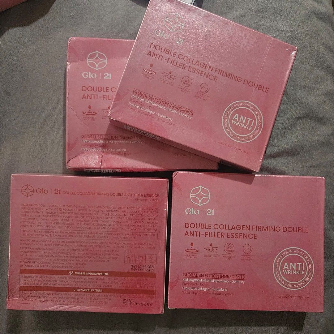 Glo 21 Double Collagen Firming Essence (Category: Face Care) located in Manila. Submitted by smartluxeph (Listing ID 1431087278, Image 1). Description: ✨ Glo21 Double Collagen Firming Anti-Filler Essence ✨ 💄 Brand: Glo21 🧴 Product: Double Collagen Firming Double Anti-Filler Essence 📦 Content: 2ml x 10 sticks per box 💯 Condition: BNEW / sealed 🌸 Key Benefits: • Anti-wrinkle & firming • Improves fine lines • Deep hydration & moisturizing • Ref