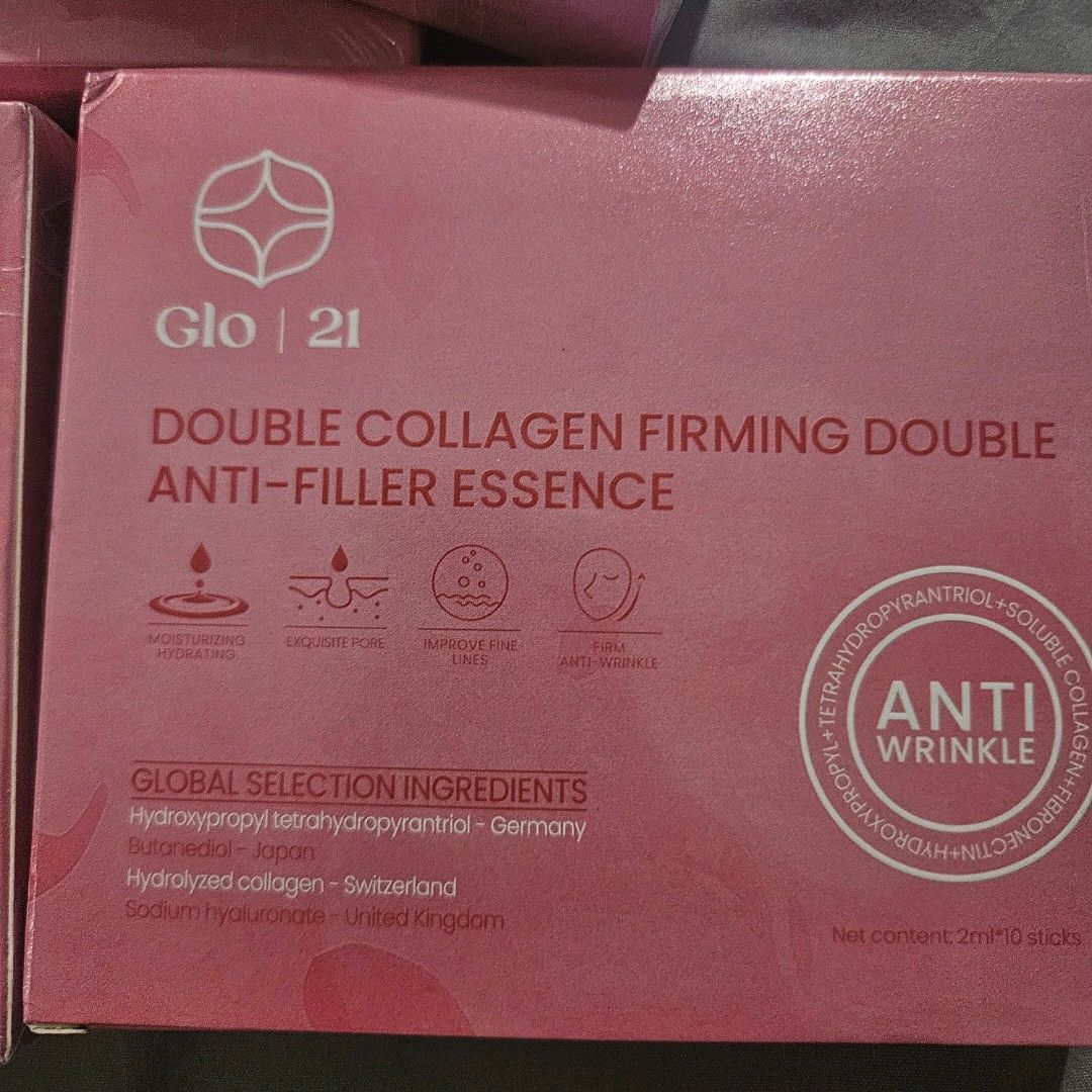Glo 21 Double Collagen Firming Essence (Category: Face Care) located in Manila. Submitted by smartluxeph (Listing ID 1431087278, Image 2). Description: ✨ Glo21 Double Collagen Firming Anti-Filler Essence ✨ 💄 Brand: Glo21 🧴 Product: Double Collagen Firming Double Anti-Filler Essence 📦 Content: 2ml x 10 sticks per box 💯 Condition: BNEW / sealed 🌸 Key Benefits: • Anti-wrinkle & firming • Improves fine lines • Deep hydration & moisturizing • Ref
