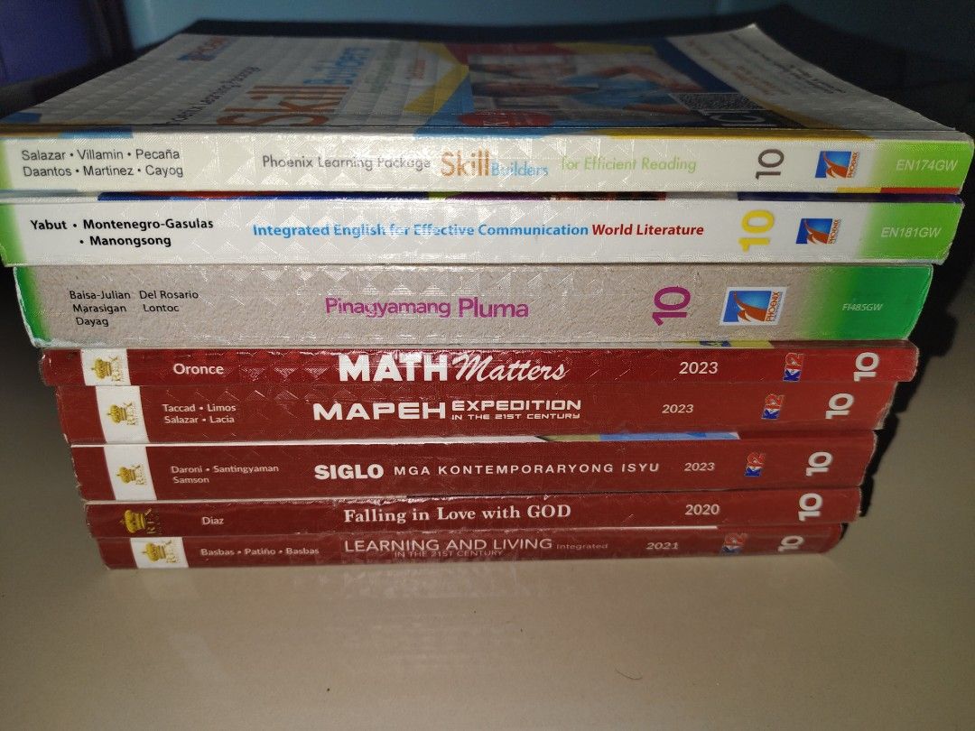 Grade 10 K-12 Textbooks (Category: Textbooks) located in Cavite. Submitted by treasuretrovebyputri (Listing ID 1431110860, Image 2). Description: Used in OLHRS Set of Grade 10 textbooks. Includes Math Matters, MAPEH Expedition, SIGLO, Falling in Love with God, IE for EC World Literature, Integrated Learning and Living, Skill Builders for Efficient Reading, and Pinagyamang Pluma. All books are for the K-12 curriculum..