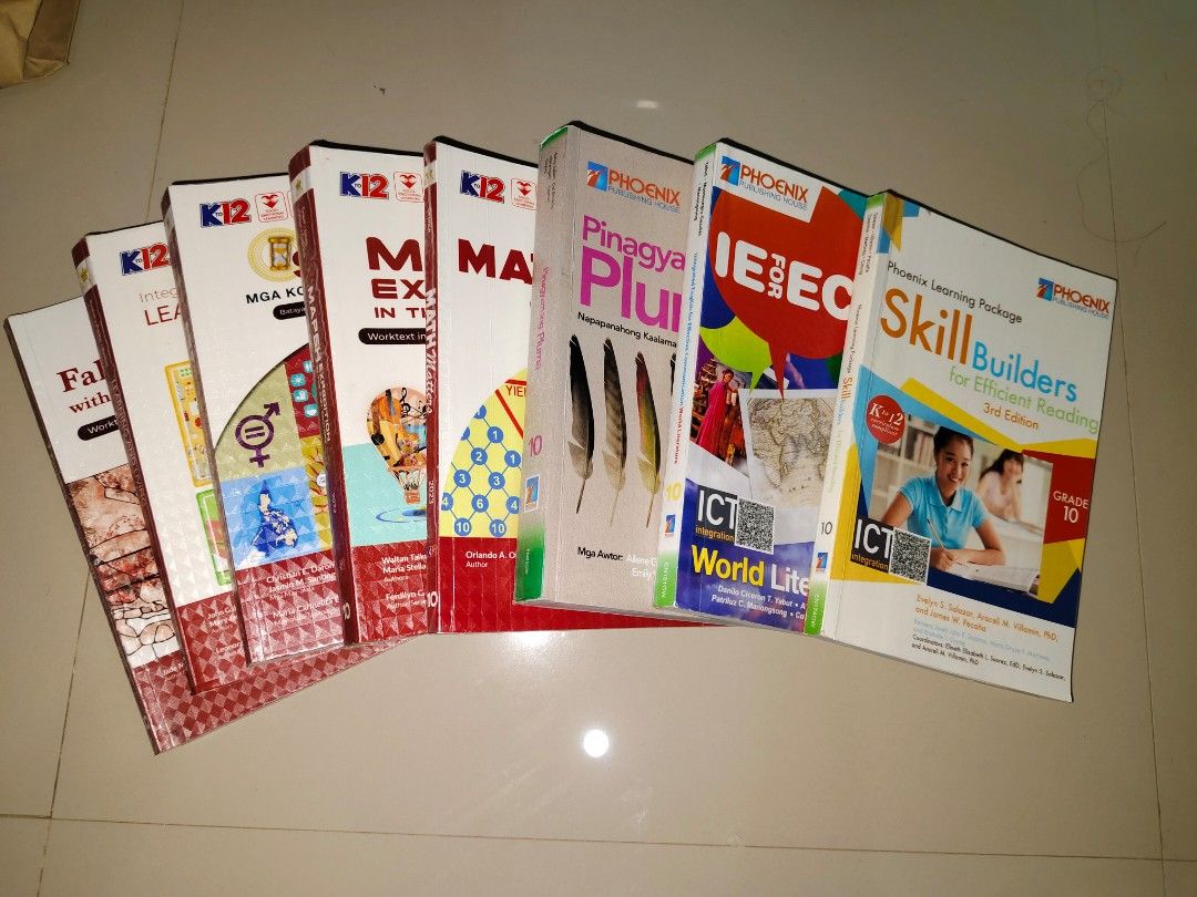 Grade 10 K-12 Textbooks (Category: Textbooks) located in Cavite. Submitted by treasuretrovebyputri (Listing ID 1431110860, Image 1). Description: Used in OLHRS Set of Grade 10 textbooks. Includes Math Matters, MAPEH Expedition, SIGLO, Falling in Love with God, IE for EC World Literature, Integrated Learning and Living, Skill Builders for Efficient Reading, and Pinagyamang Pluma. All books are for the K-12 curriculum..