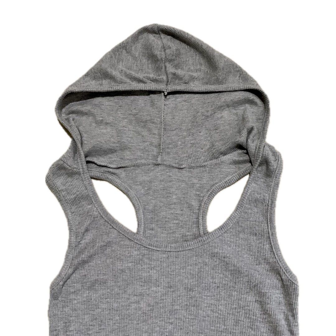 grey hooded racerback ribbed tank top (Category: Sleeveless) located in Bacolod City. Submitted by attheratesign (Listing ID 1431117588, Image 3). Description: — freesize — best fits xs-m (stretchable) — width 11” — bust 15” — length 27” — great condi last price posted! can give discount if getting other items • no when worn • washed and ready to wear • first to pay gets the item mop: gcash only no sco.