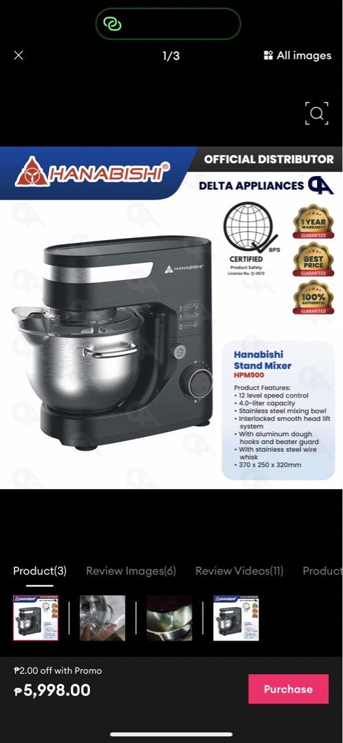 Hanabishi Stand Mixer HPM900 (Category: Hand & Stand Mixers) located in Manila. Submitted by wiillll (Listing ID 1431014782, Image 2). Description: Product Features: • 12 level speed control • 4.0-liter capacity • Stainless steel mixing bowl • Interlocked smooth head lift system • With aluminum dough hooks and beater guard • With stainless steel wire whisk • 370 x 250 x 320mm.