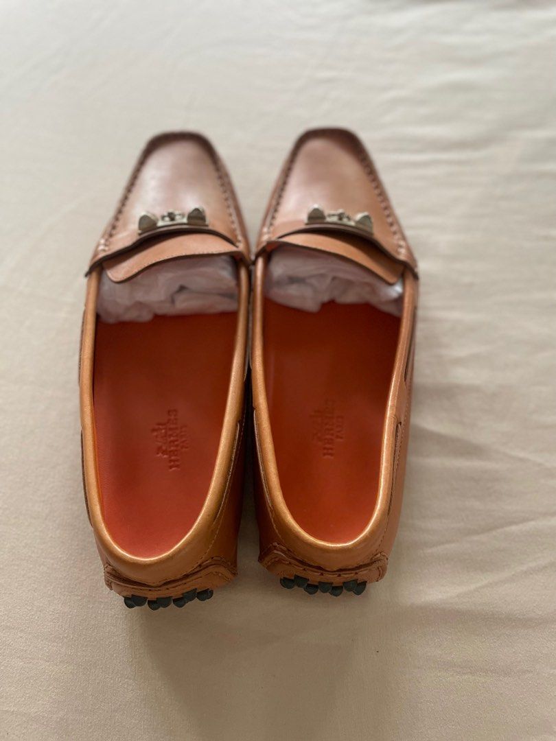 HERMES IRVING LEATHER DRIVING LOAFERS EU37.5 (Category: Loafers) located in Quezon City. Submitted by bonstar (Listing ID 1431054539, Image 2). Description: Authentic Hermes loafers. Stored for years but never used outside. Tried it on many times and used it only to walk around the house hoping it would fit but it is a half size smaller. The size is 37 1/2 as seen in photo. No more box and dust bag thus selling it low. .