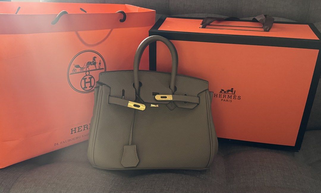 Hermès Birkin 25 Khaki (Category: Luxury Bags & Wallets) located in Quezon City. Submitted by sweetcorn03 (Listing ID 1431068352, Image 1). Description: Hermès Birkin 25 Khaki Togo Leather With box and gift bag/paper bag With twilly and rodeo With lock and key Color Khaki With dust bag and care card With strap Used twice only, quality bag with lots of inclusions. Free delivery within metro manila.