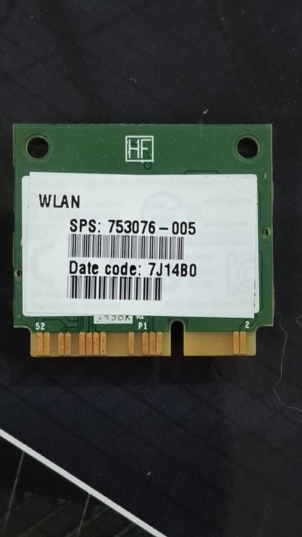 HP WLAN Card SPS: 753076-005 (Category: Networking) located in Quezon City. Submitted by ted80s (Listing ID 1431026004, Image 1). Description: WiFi+BT+antenna for Windows only. Came from HP stream laptop. Doesn't work with Chrome OS flex. Linux antiX: wifi 2.4g works, bluetooth no. WLAN card with SPS number 753076-005. It has a date code of 7J1480. The card also has an HP P/N 752597-001 and MO 2202016166-004. It is marked as a product of China. T