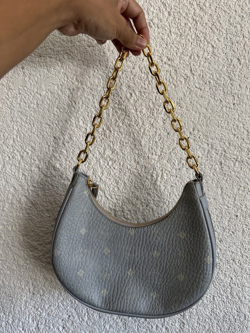 MCM Light Blue Monogram Leather Small Aren Crescent Bag (Category: Luxury Bags & Wallets) located in Makati City. Submitted by ourtinycloset (Listing ID 1431004568, Image 3). Description: .