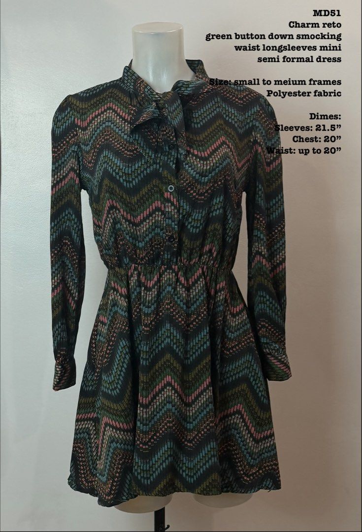 MARK DOWN!!! MD51 Preloved Charm Retro Green Button Down Dress (Category: Dresses) located in Bulacan. Submitted by comkay (Listing ID 1431178832, Image 3). Description: MD51 Charm retro green button down smocking waist longsleeves mini semi formal dress -Size: small to meium frames -Polyester fabric Dimes: Sleeves: 21.5” Chest: 20” Waist: up to 20” Length: 31”.