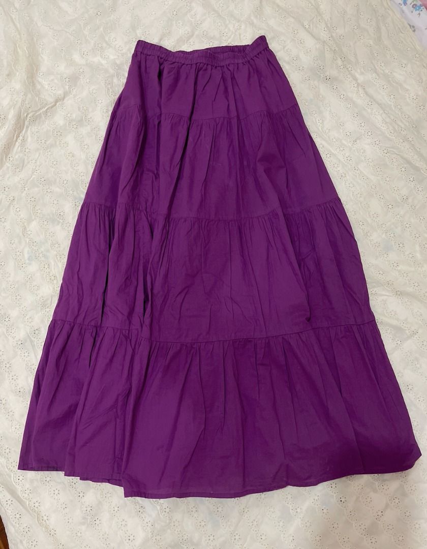 Purple Tiered Maxi Skirt (Category: Skirts) located in Caloocan City. Submitted by kstnlee (Listing ID 1431072393, Image 1). Description: - small on tag but can fit xs (23-25in) - so comfy! - with lining - worn only once - swipe for when worn - last price .
