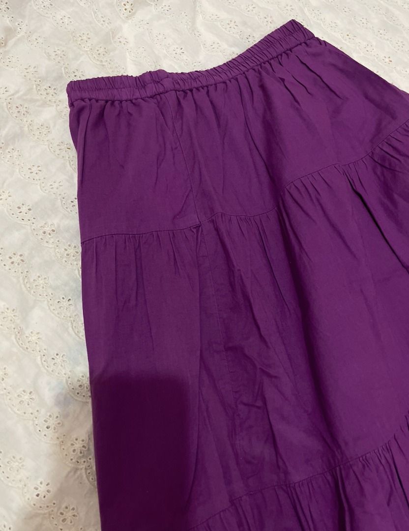 Purple Tiered Maxi Skirt (Category: Skirts) located in Caloocan City. Submitted by kstnlee (Listing ID 1431072393, Image 2). Description: - small on tag but can fit xs (23-25in) - so comfy! - with lining - worn only once - swipe for when worn - last price .