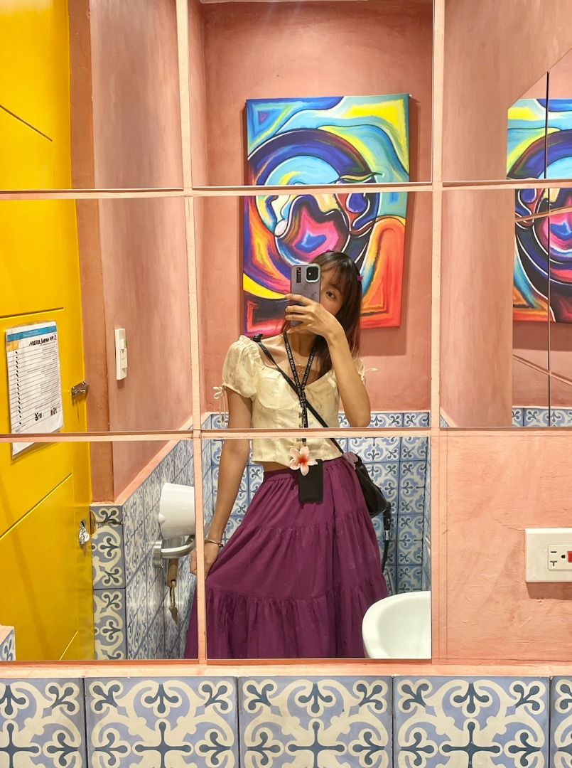 Purple Tiered Maxi Skirt (Category: Skirts) located in Caloocan City. Submitted by kstnlee (Listing ID 1431072393, Image 3). Description: - small on tag but can fit xs (23-25in) - so comfy! - with lining - worn only once - swipe for when worn - last price .