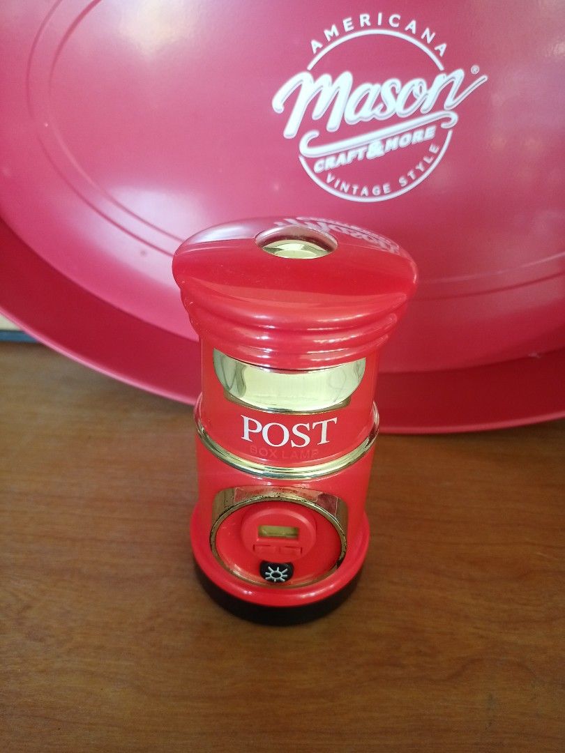Red Post Box Desk Lamp (Category: Lighting) located in Baguio. Submitted by klutter.curio (Listing ID 1431073693, Image 1). Description: - Vintage-style desk lamp - Design: Red post box - Features: Adjustable brightness - Includes: Small digital display - Perfect for desks and rooms.