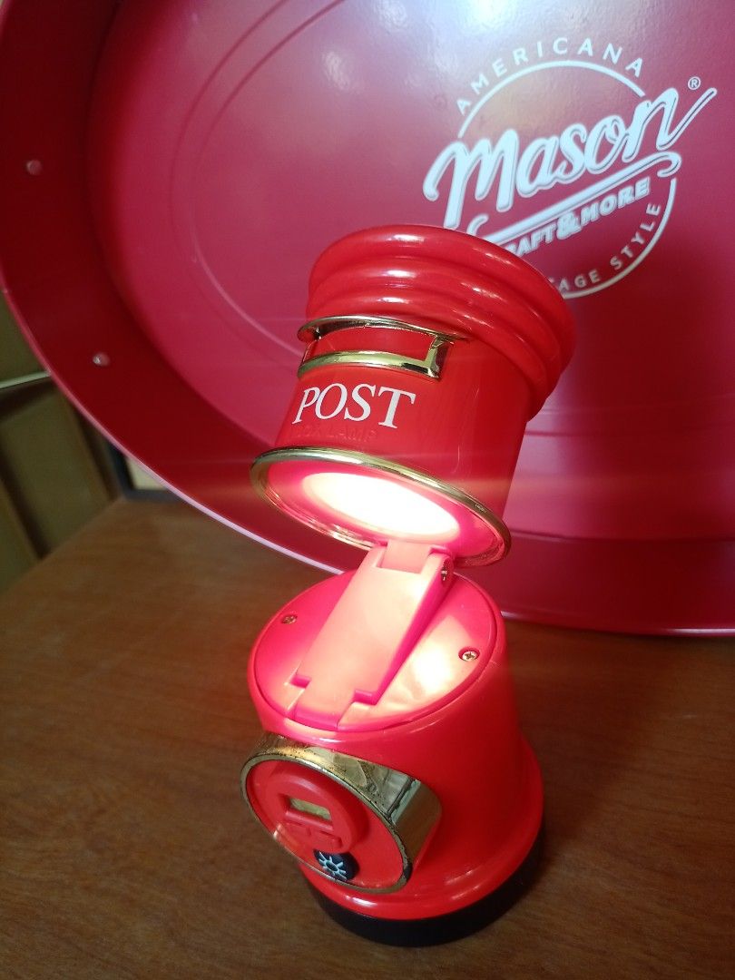 Red Post Box Desk Lamp (Category: Lighting) located in Baguio. Submitted by klutter.curio (Listing ID 1431073693, Image 3). Description: - Vintage-style desk lamp - Design: Red post box - Features: Adjustable brightness - Includes: Small digital display - Perfect for desks and rooms.