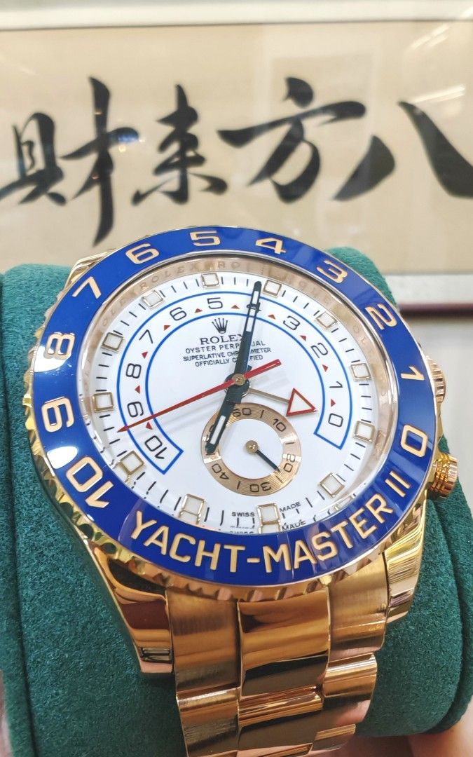 ROLEX GOLD YATCH MASTER II (Category: Watches) located in Singapore. Submitted by ace_grandeurtime (Listing ID 1431021136, Image 1). Description: Brand: Rolex Model: Yatch Master II Reference no: 116688 Case Size: 44mm Dial: White Dial Case Material: 18K yellow Bezel: 18K Rotating Bezel with Blue Ceramic Bezel insert Bracelet: 18K gold Crystal: Sapphire Year: 2014 Comes with: Card and Box Remarks: Payment type: Cash | Paynow | FAST | Cashier's Or