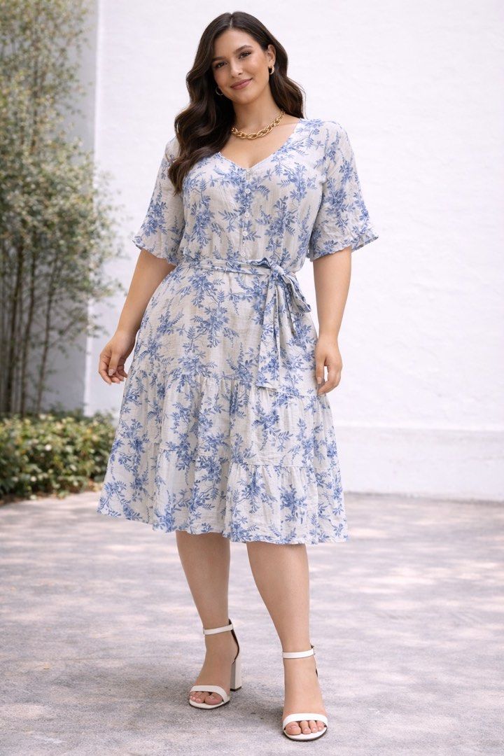 Serra Blue/White Dress (Category: Dresses) located in Las Pinas. Submitted by monicaspreloved (Listing ID 1431090998, Image 1). Description: Bust: 44"-46" max Waist: 34"-48" max Length: 37" (front) and 43" (back) Fits XL-2XL Garter back waist With belt, extra button inside Fabric is viscose/linen No flaws Never used but washed for hygiene purposes When-worn photo is ai-generated Location: Las Piñas Shipping: Grab/Lalamove/J&T c/o buyer.