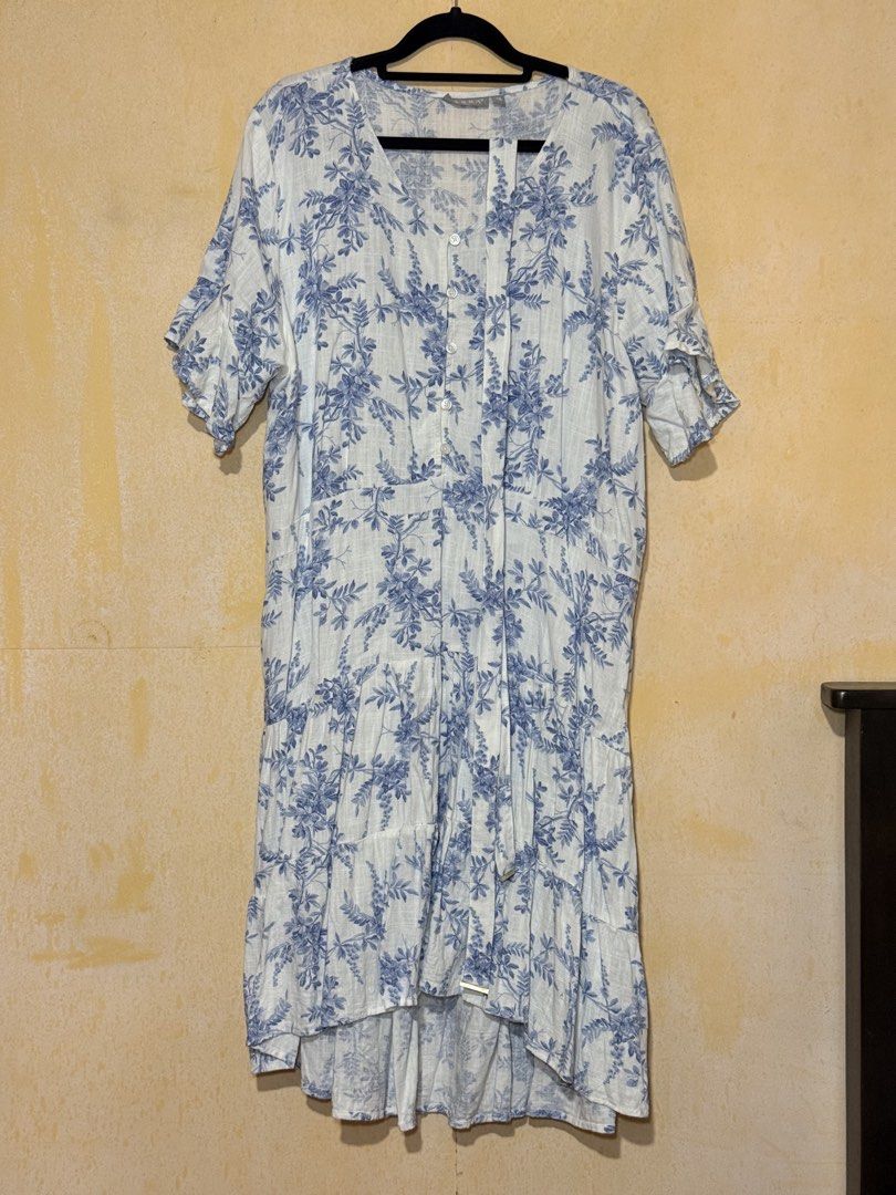 Serra Blue/White Dress (Category: Dresses) located in Las Pinas. Submitted by monicaspreloved (Listing ID 1431090998, Image 2). Description: Bust: 44"-46" max Waist: 34"-48" max Length: 37" (front) and 43" (back) Fits XL-2XL Garter back waist With belt, extra button inside Fabric is viscose/linen No flaws Never used but washed for hygiene purposes When-worn photo is ai-generated Location: Las Piñas Shipping: Grab/Lalamove/J&T c/o buyer.