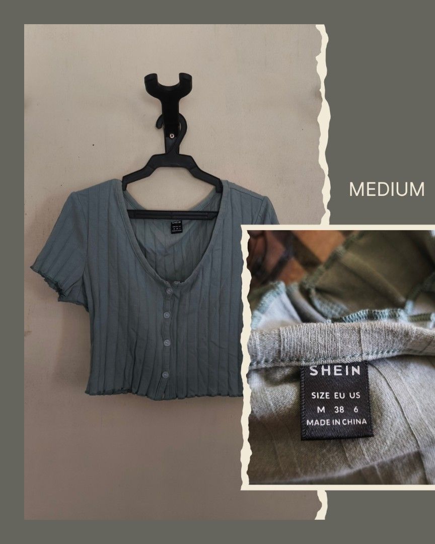 Shein Ribbed Crop Top - Medium (Category: Sleeveless) located in Loay. Submitted by arakesh21 (Listing ID 1431180184, Image 1). Description: Shein ribbed crop top in a muted green color. Features a button-down front and short sleeves. Size is Medium (M), EU 38, US 6. Made in China. A versatile piece for your wardrobe..