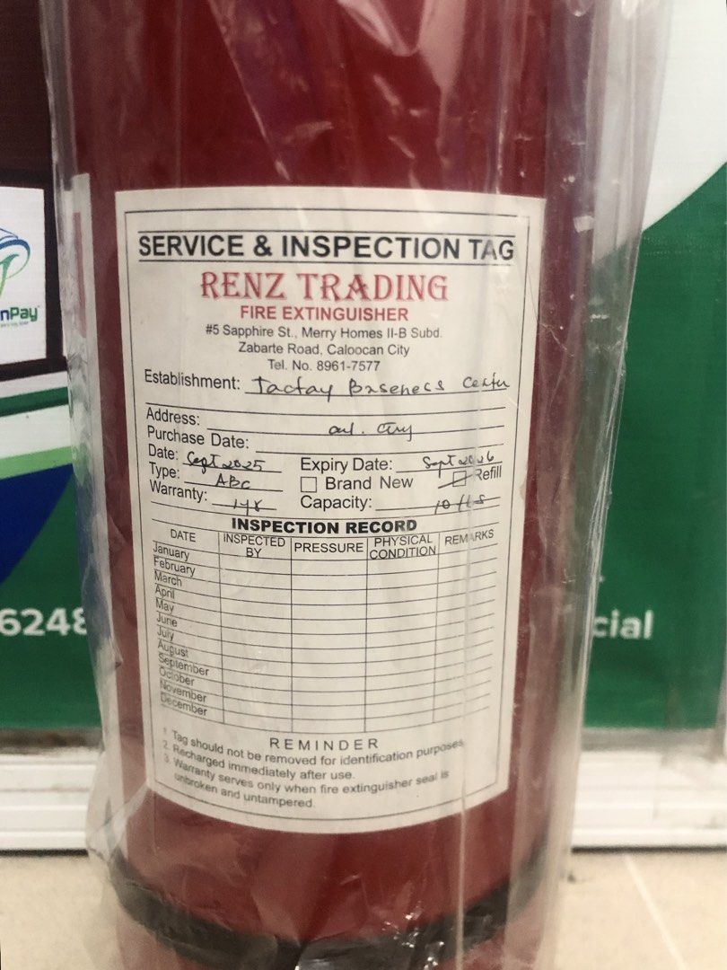Unused Red Fire Extinguisher 10 lbs. (Category: Everything Else Others) located in Caloocan City. Submitted by robautz (Listing ID 1431014686, Image 3). Description: Unused Red Fire Extinguisher Type: Classes ABC Capacity: 10 lbs Expiry Date: September 2026 (‼️CAN BE REFILLED) Location: Alecon Homes Llano, North Caloocan Contact: Send PM or text 09569212857.