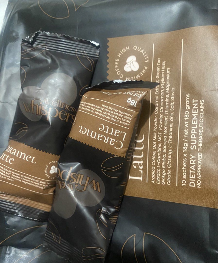 Wellness Whispers Caramel Latte Coffee (Category: Health Food, Drinks & Tonics) located in Mandaue City. Submitted by Currentcrs (Listing ID 1431100046, Image 1). Description: 7 sachets Rfs: extra J& T delivery - 80.