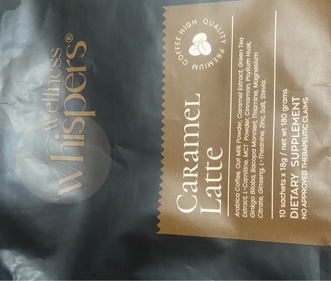 Wellness Whispers Caramel Latte Coffee (Category: Health Food, Drinks & Tonics) located in Mandaue City. Submitted by Currentcrs (Listing ID 1431100046, Image 2). Description: 7 sachets Rfs: extra J& T delivery - 80.