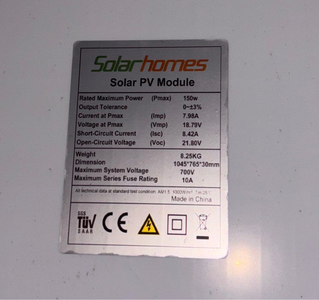 150w Solar Panel (Solarhomes) (Category: Home Improvement Tools & Accessories) located in Mandaluyong City. Submitted by yuyuondabeat (Listing ID 1435447684, Image 2). Description: selling used solar panel 150 w for 2500 each nalang used for a year only 5 pcs available if buy 2 > 2400 each buy 3 > 2300 each buy all > 2000 each (can go lower if kunin asap) location : MANDALUYONG sold 2 na po 4 nalang po available .