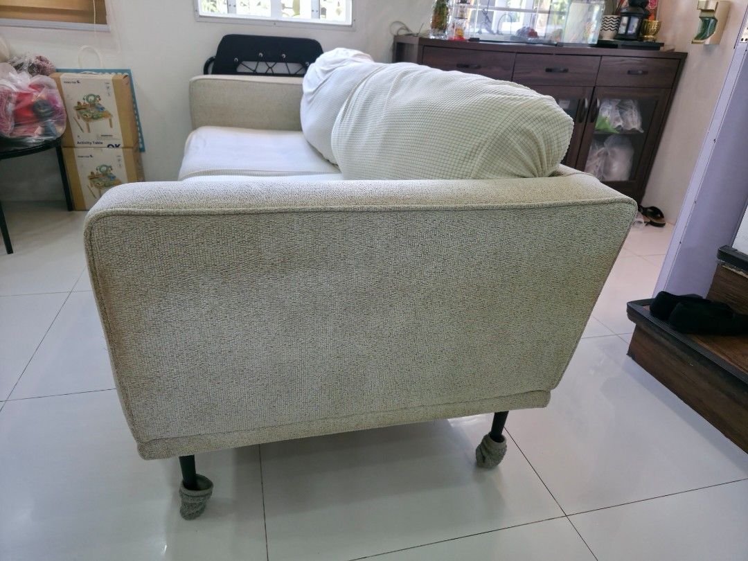 4 seater sofa (Category: Sofas) located in Noveleta. Submitted by happy_shopmanila (Listing ID 1435357988, Image 2). Description: 210x86cm back ht. 80cm seat ht 45 needs to be cleaned. there is minor flaw. free cover included as shown in the picture free center table also.