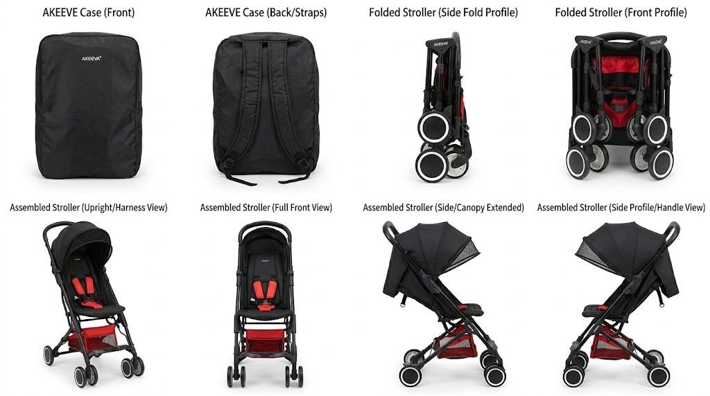 Akeeve Foldable Stroller with Carry Bag (P-Loved) (Category: Strollers) located in Mandaluyong City. Submitted by alithereluckytrading (Listing ID 1435363682, Image 2). Description: Black frame with bright red accents. Ultra-compact, one-hand self-fold. Cabin-size compatible for air travel. Includes: 5-point harness and AKEEVE travel carry bag. Condition: P-loved, in good working condition. Fully functional fold mechanism. Frame and wheels show n
