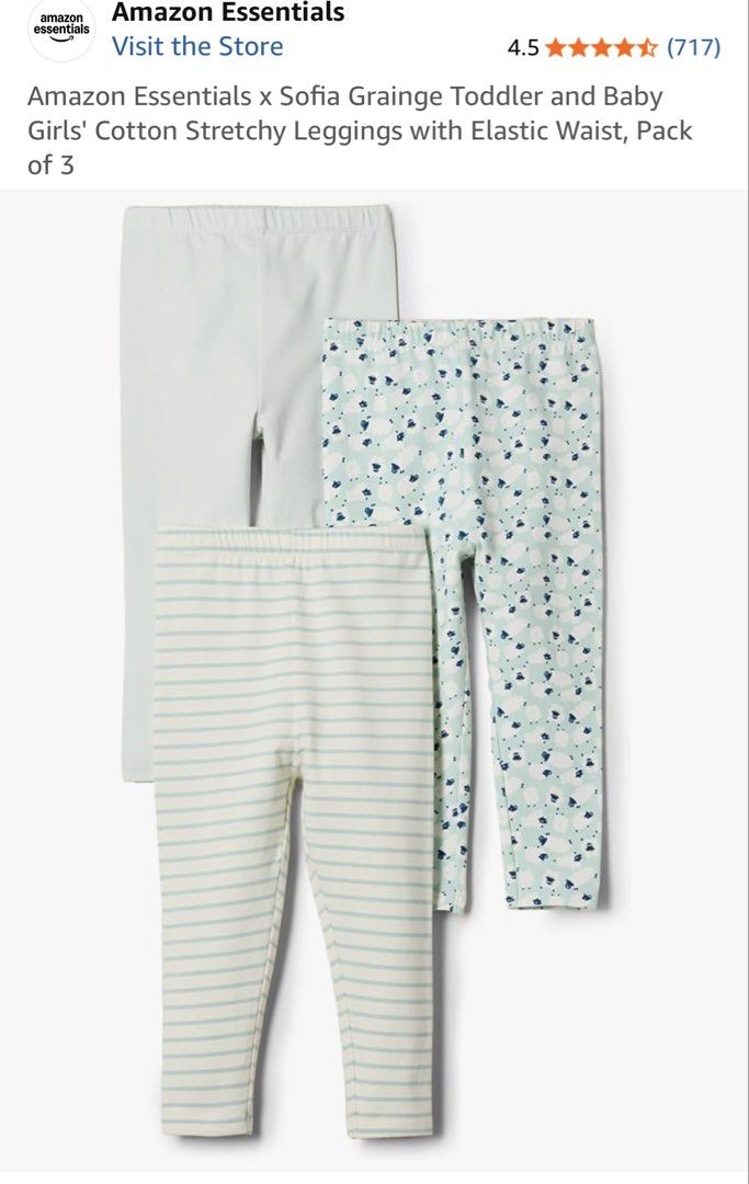 Amazon Essentials x Sofia Grainge Toddler Leggings (Pack of 3) (Category: Babies & Kids Fashion) located in Quezon City. Submitted by prebyj (Listing ID 1435489302, Image 1). Description: - Pack includes three cotton leggings for baby and toddler girls. - Designs: Solid white, striped, and patterned. - Features an elastic waist for a comfortable fit. - From the Amazon Essentials x Sofia Grainge collection. - SRP: P1,050 - Super good quality but m