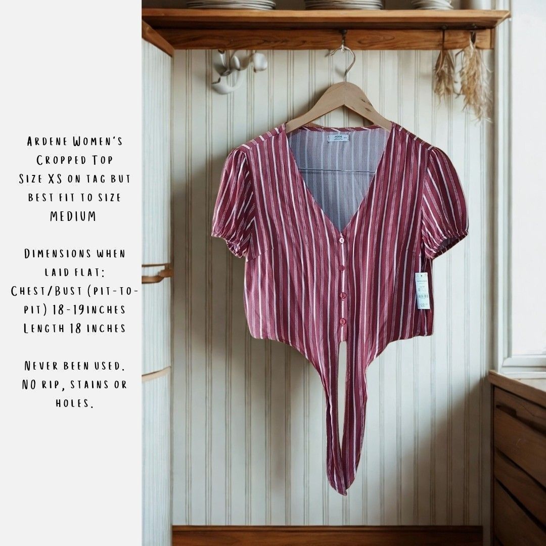 ARDENE Women's Cropped Top (Category: Blouses) located in Iloilo. Submitted by achinom (Listing ID 1435420636, Image 2). Description: ARDENE Women's Cropped Top Size XS on tag but best fit to size MEDIUM!!! Dimensions when laid flat: Chest/Bust (pit-to-pit) 18-19 inches Length 18 inches Never Been Used. NO rip, stains or holes. 📌 FIRST TO PAY=PRIORITY 📌 To help us both save time, please only offer on items you're genuinely interested in buying 