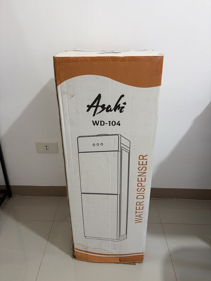 Asahi WD-104 Water Dispenser (Category: Water Purifiers & Dispensers) located in Manila. Submitted by kylamorfee79155 (Listing ID 1435465540, Image 1). Description: - Asahi WD-104 Water Dispenser - Top Load, Hot and Cold Water Dispenser - 2-Layer Cabinet - Hot tap with lock - Non-spill water container supporter - Glossy facade - BRAND NEW AND SEALED - Model number: WD-104 Location: Victoria De Manila Condominium General Malvar St. Malate Manila.