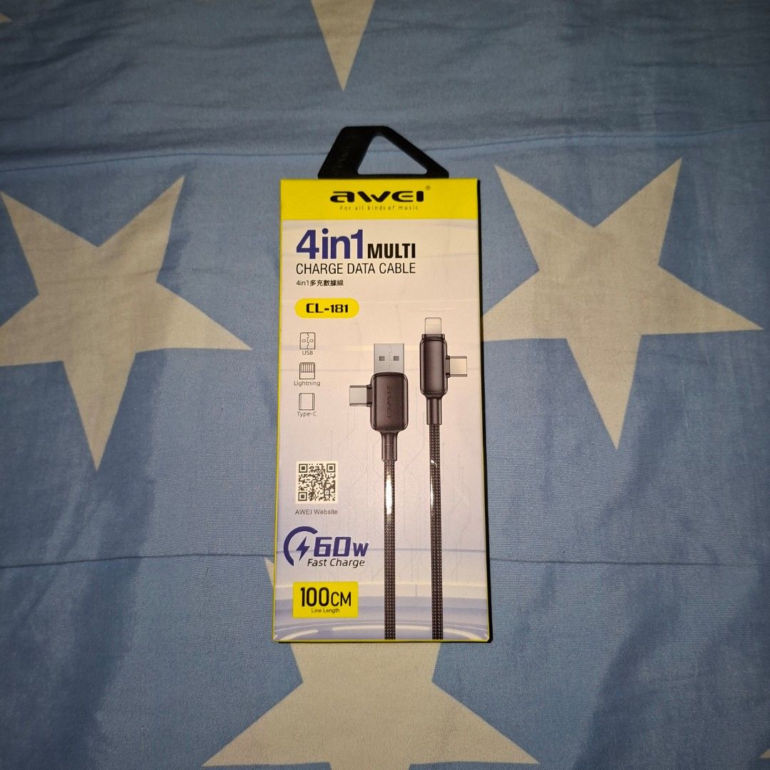 Awei usb type c to c cable 4 in1 type a lightning (Category: Chargers & Cables) located in Pasig City. Submitted by fasttech01 (Listing ID 1435379409, Image 3). Description: This is available as long as this is posted/visible listing. You may message me with the answer to the following questions once you are fully decided to purchase, should you need further thinking and canvassing you may just save the listing for future reference. 1. Will you b