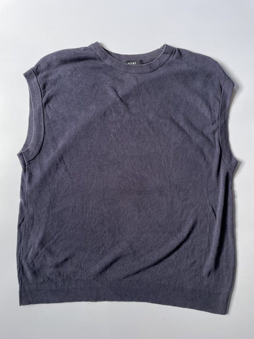 Beams navy blue crew neck sweater vest (Category: Coats, Jackets and Outerwear) located in Baguio. Submitted by chronicles_cache (Listing ID 1435501359, Image 1). Description: Condition: Great Size tagged: M Width: 20.5 Length: 26 Shoulder: 20.5.