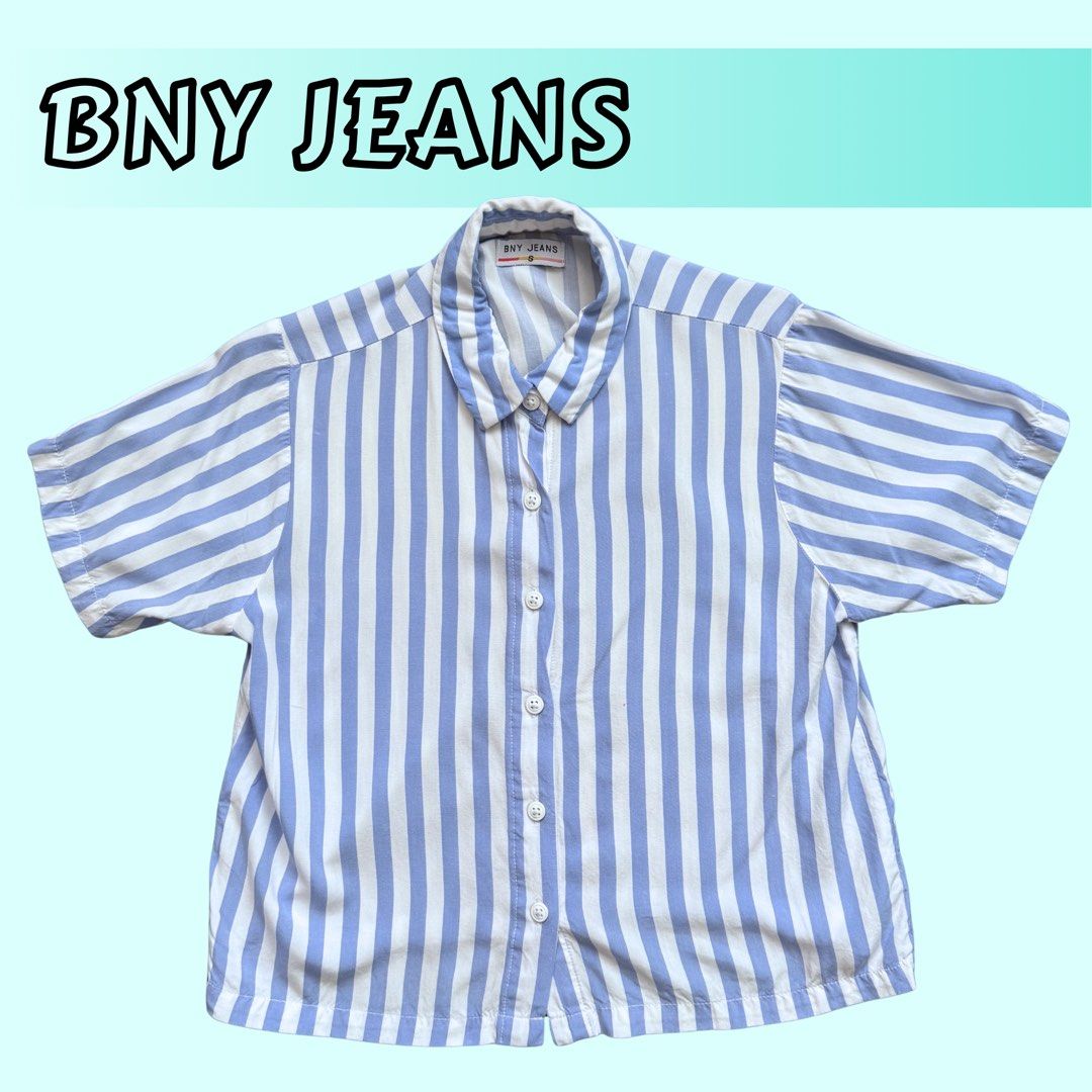 BNY Jeans Striped Shirt Blouse (Category: Blouses) located in Mandaluyong City. Submitted by adrenalin01 (Listing ID 1435405468, Image 1). Description: - BNY Jeans shirt - Blue and white stripes - Collared neckline - Short sleeves - Button-down closure (with complete buttons) - No stains - Washed already - Use once during an event - RFS: decluttering.