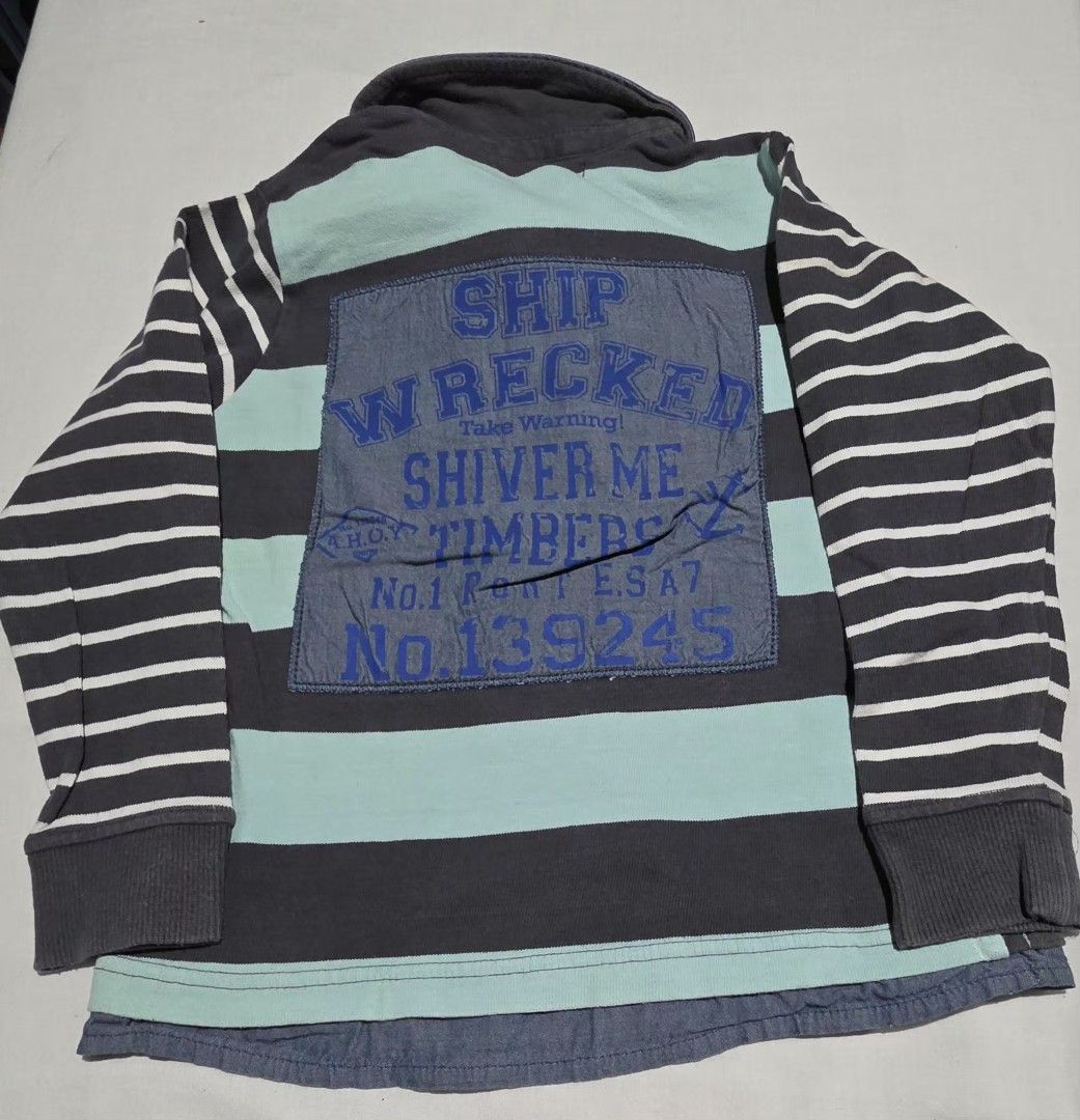 Boys Striped Long Sleeve Shirt (Category: Babies & Kids Fashion) located in Pasig City. Submitted by budolresponsibly (Listing ID 1435465632, Image 2). Description: - Long-sleeved striped shirt - Color scheme: Blue, white, and gray - Features elbow patches - Collared neckline - Back patch detail - Layered bottom hem - Buttoned collar - Small pocket with anchor design -6/7T -Marks & Spencer.