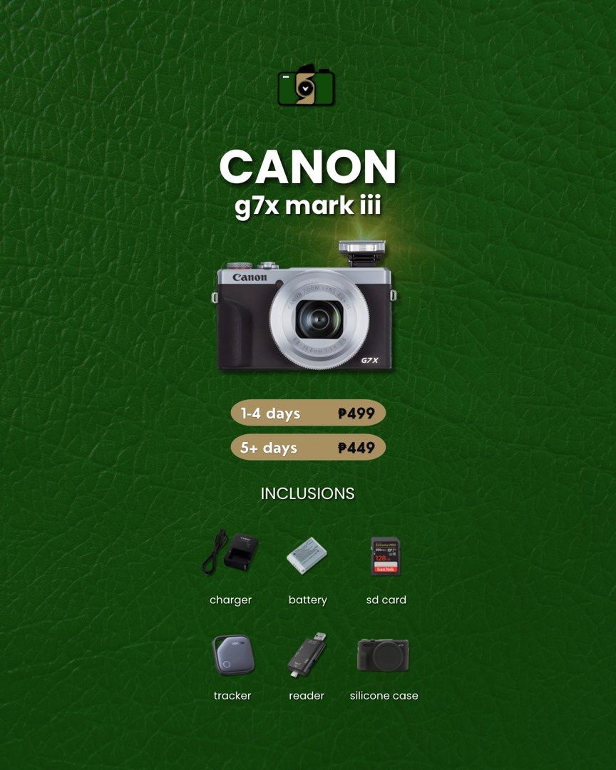 Canon G7x Mark III Camera Rental (Category: Cameras) located in Manila. Submitted by ollllehh (Listing ID 1435449433, Image 1). Description: - Canon G7x Mark III Rental - Rates: - P499 (1-4 days) - P449 (5+ days) - 💌 dm @south.shutter on IG!.