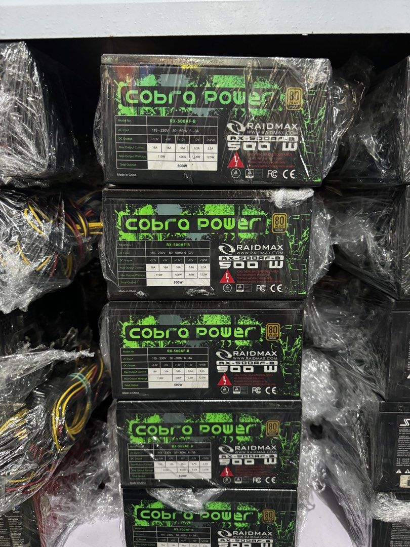 Cobra Power 500W Power Supply (Category: Computer Parts) located in Rizal. Submitted by simplepretty1997 (Listing ID 1435479249, Image 1). Description: - Cobra Power RX-500AF-B Power Supply - 500W output - 80+ Certified - DC Outputs: +3.3V, +5V, +12V - AC Input: 115-230V, 50-60Hz, 8-3A - Made in China.