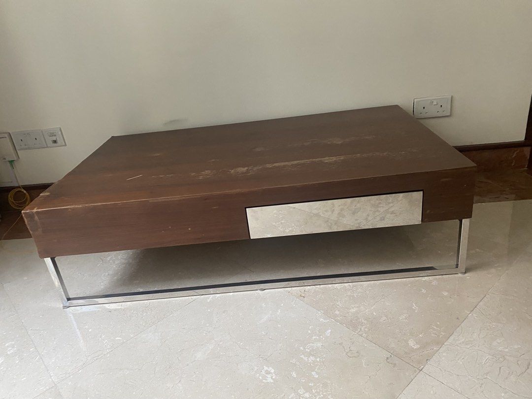 Coffee table, wood with metal drawer