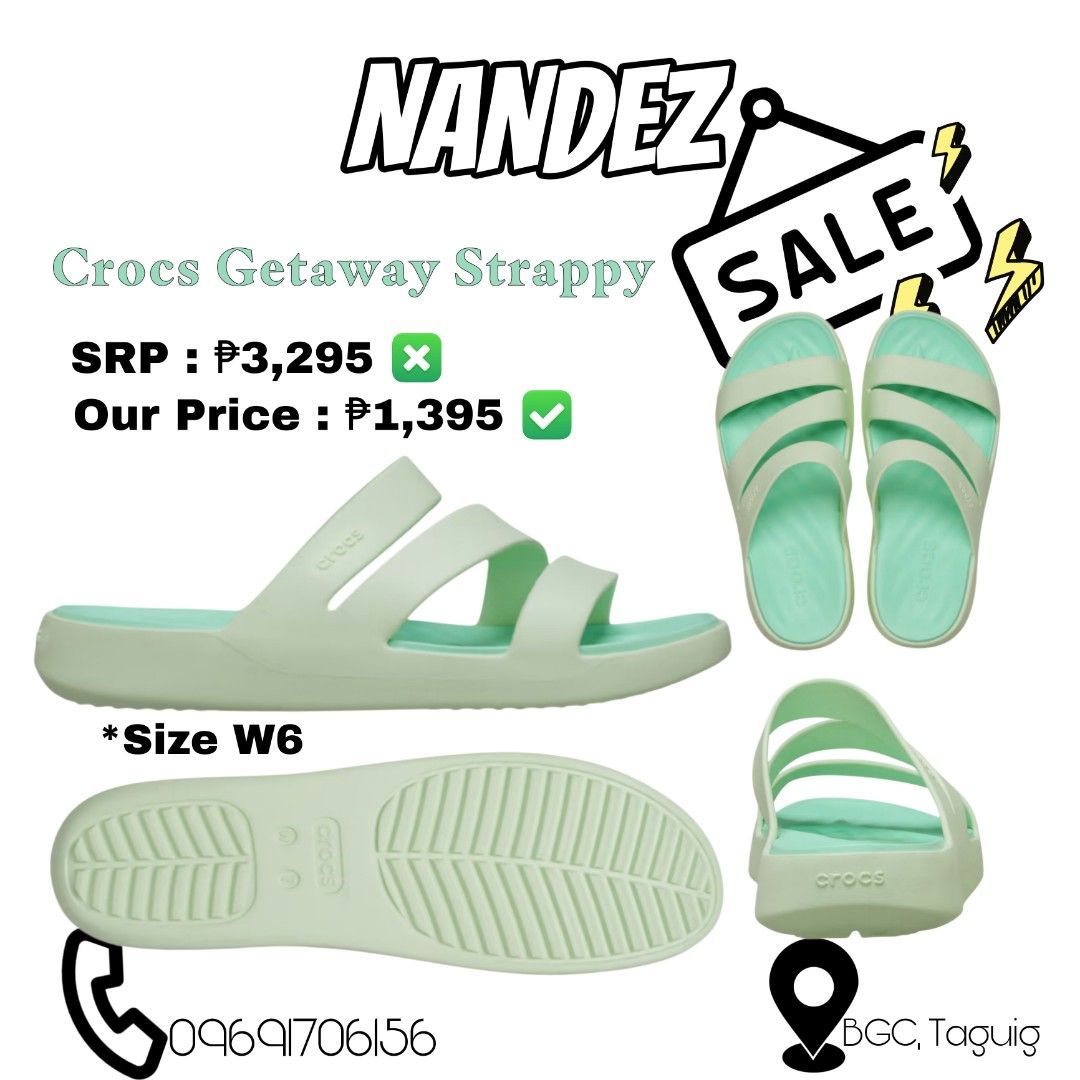 Crocs Getaway Strappy Sandals - W6 (Category: Flats & Sandals) located in Taguig. Submitted by shallyferns (Listing ID 1435416938, Image 1). Description: - Crocs Getaway Strappy Sandals - Size: W6 - Color: Light Green - Price: ₱1,395 (Original Price: ₱3,295) - Location: BGC, Taguig - Contact: 09691706156.