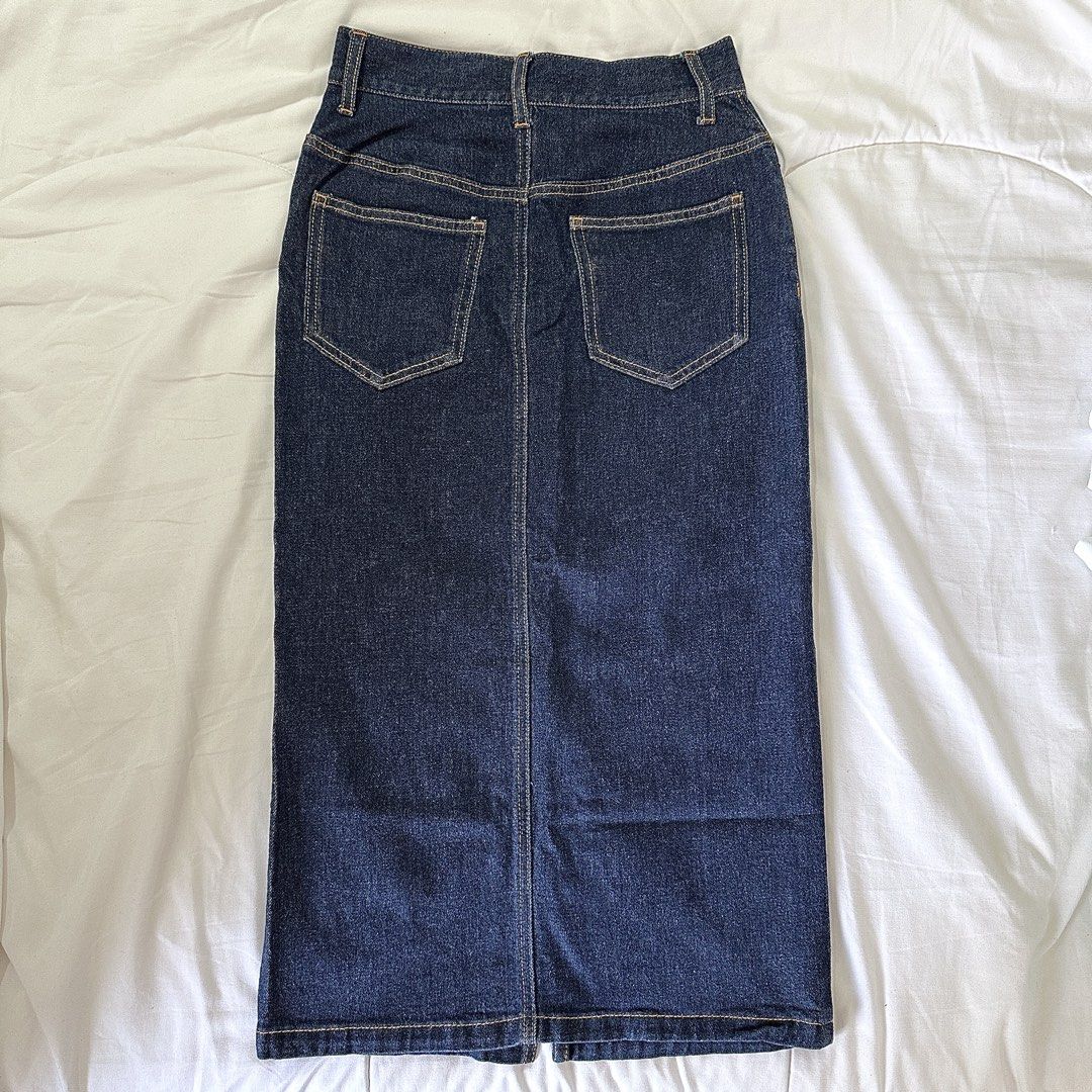 Dark Wash Long Denim Skirt (Category: Skirts) located in Bulacan. Submitted by amandddda (Listing ID 1435433363, Image 2). Description: • fits S, super flattering silhouette • waist 33 in, length 76 in • thrifted from Japan, tag says Edit Cologne rfs: not my size mode of payment: gcash location: bulacan.