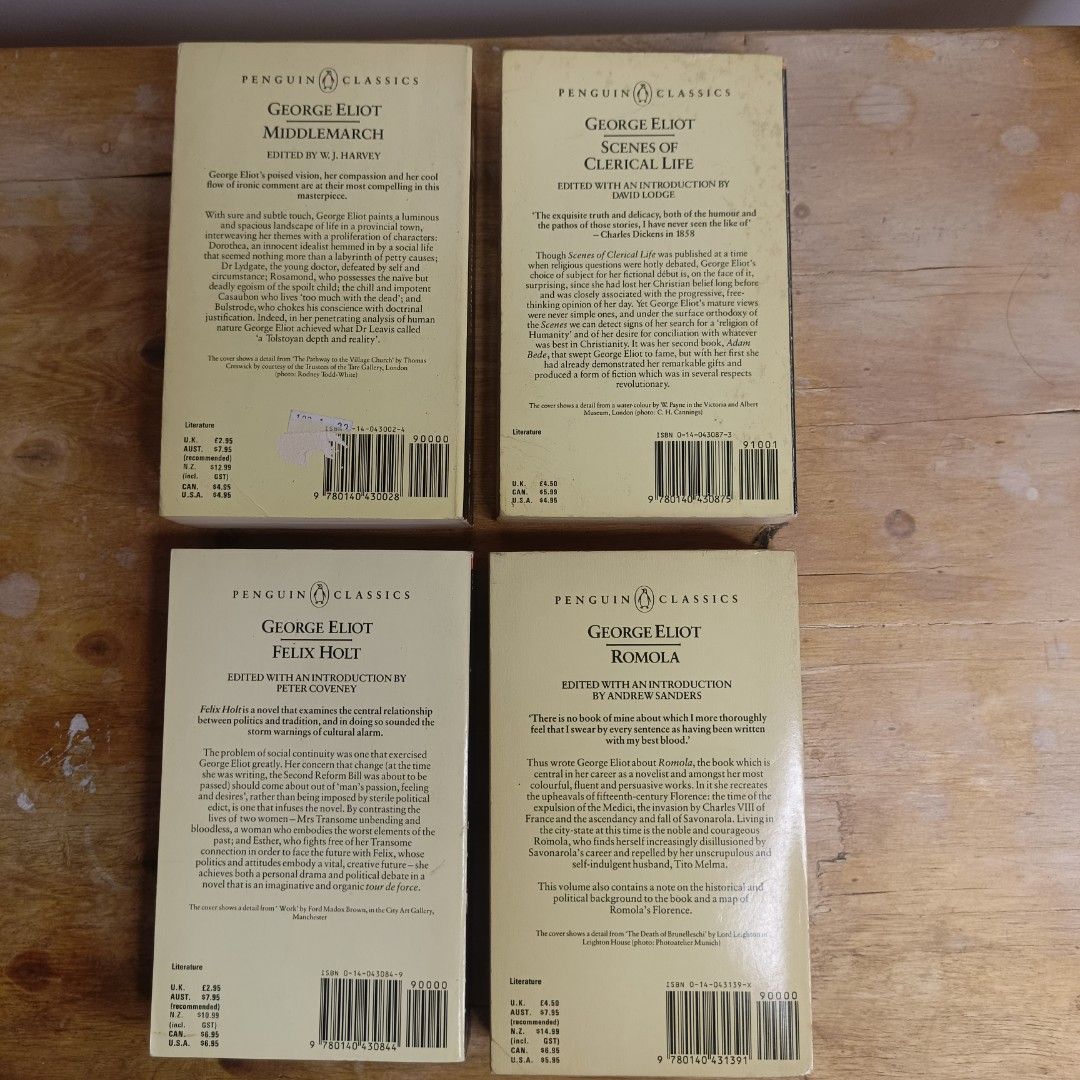 George Eliot Penguin Classics Books (Category: Storybooks) located in Manila. Submitted by shelfenjoyment (Listing ID 1435511612, Image 2). Description: 249-349 each. Take all for 750 pesos. MMPB Reserved: * Middlemarch Set of four George Eliot books from Penguin Classics. Titles include Middlemarch, Scenes of Clerical Life, Felix Holt, and Romola. The books have colorful cover art and are in paperback format. The spines are visible, showing the 
